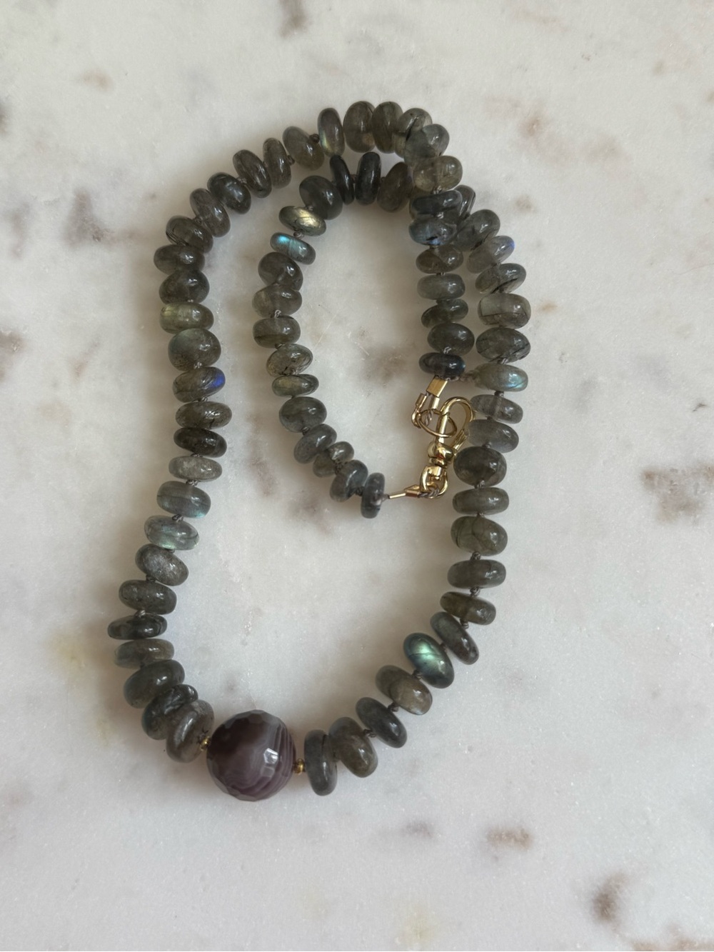 Labradorite and agate knotted necklace gold filled clasp